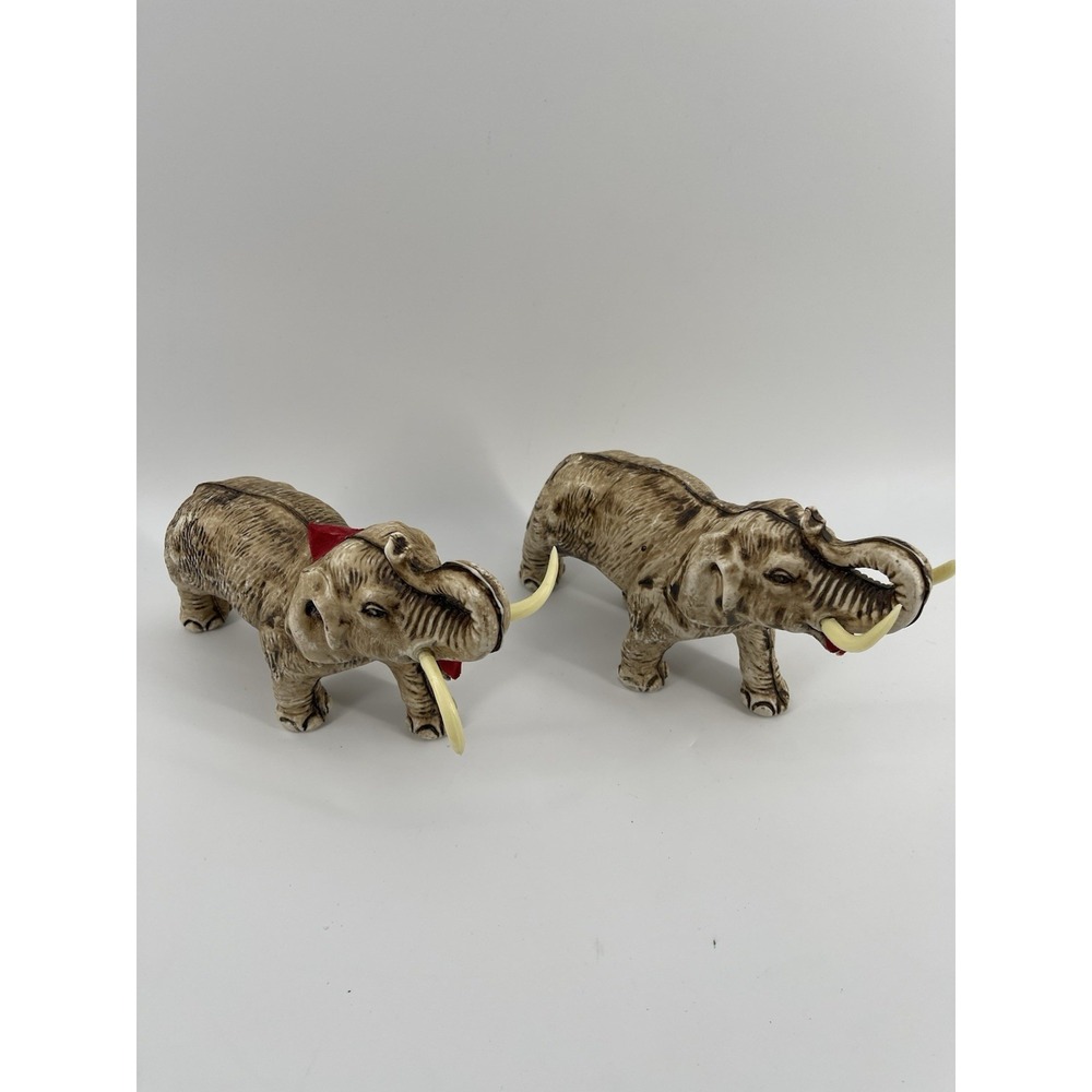 Pair Vintage Plastic‎ Elephant Figurines Ivory Tone Tusks Safari Decor 8"